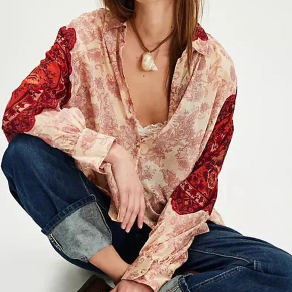 Free People Rose Bud Paisley Cotton Oversized Boho Blouse Red Cream Lightweight - Picture 8 of 13